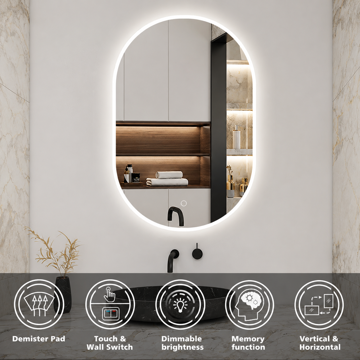 LED bathroom mirror oval frameless backlit