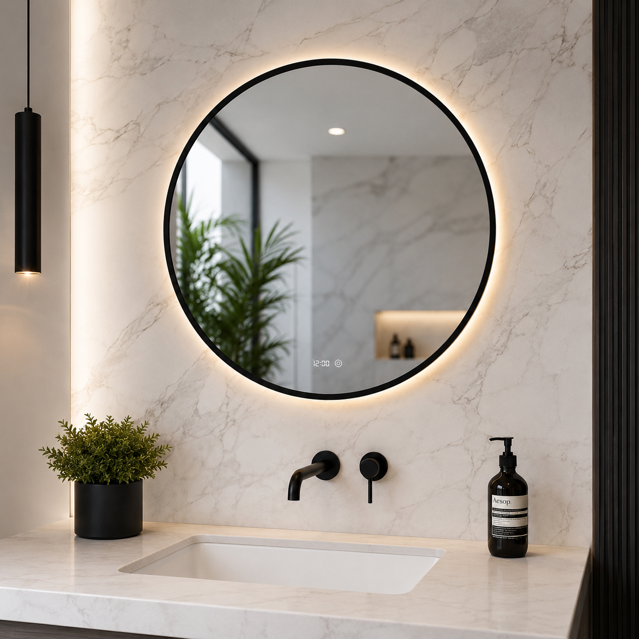LED bathroom mirror round black frame