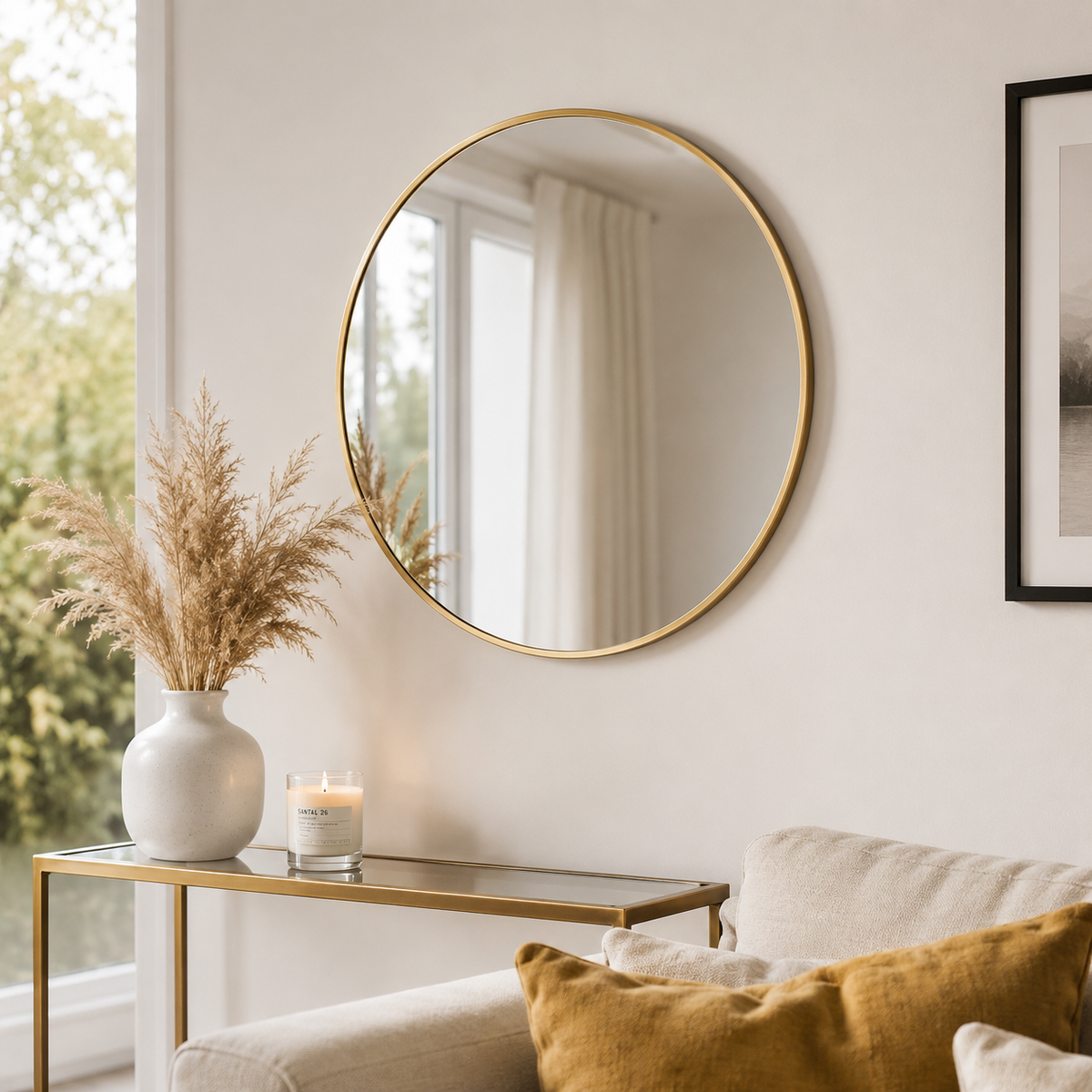 Wall mirror round brushed gold metal frame
