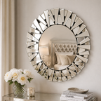 Wall mirror round sunburst ornate silver glass