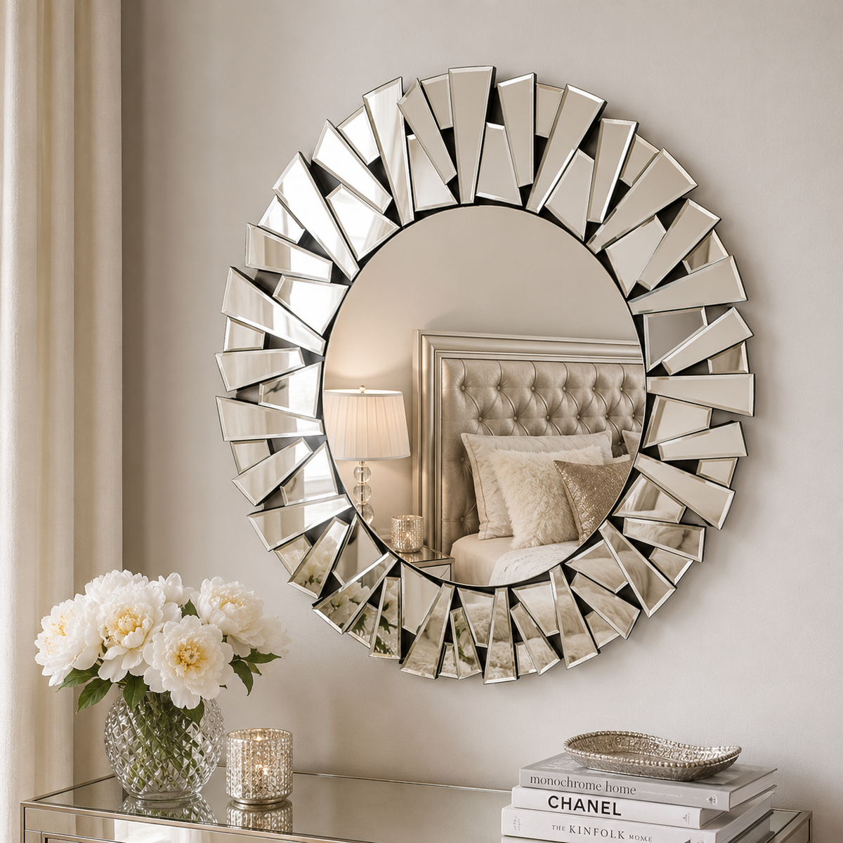 Wall mirror round sunburst ornate silver glass