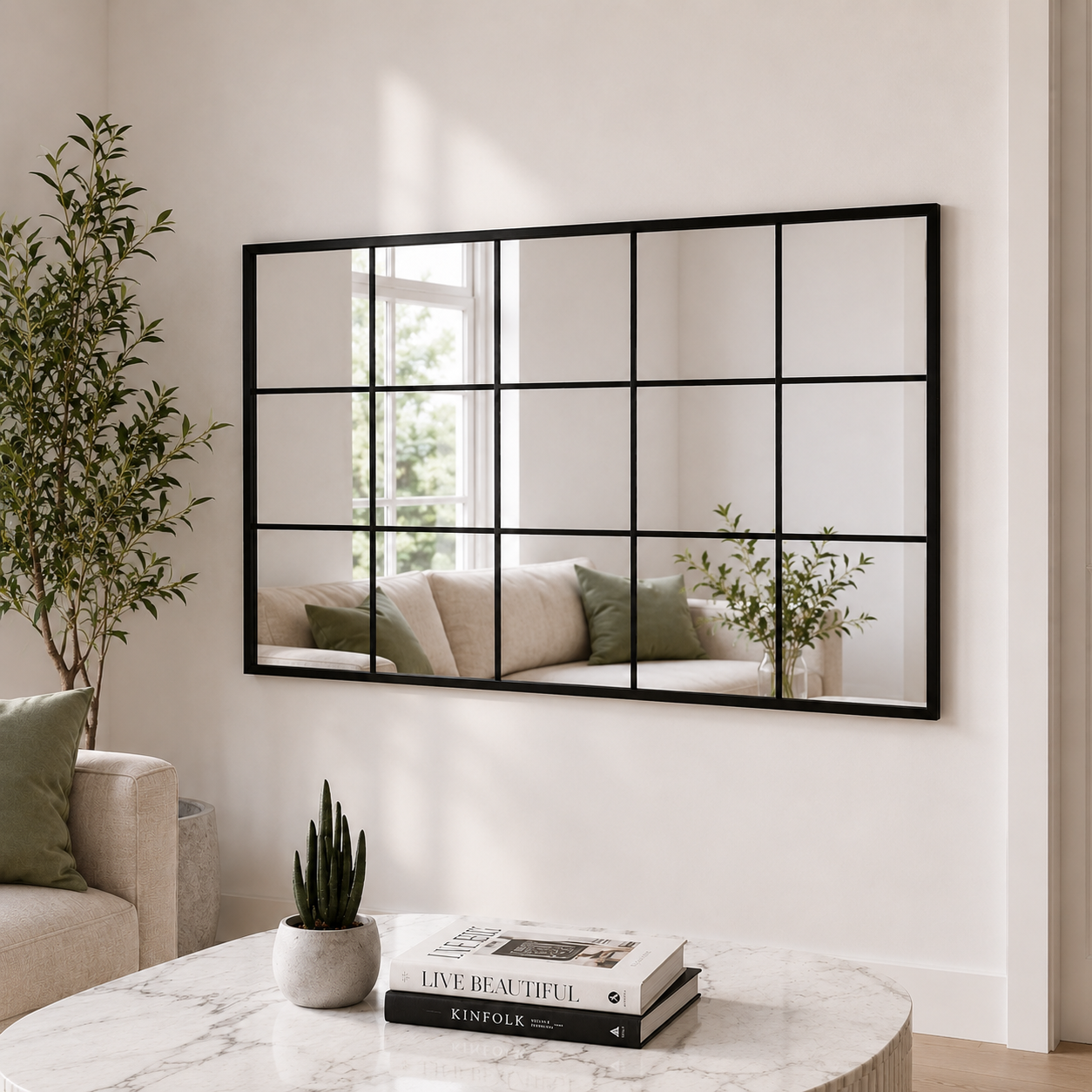 Wall mirror grid window black metal frame