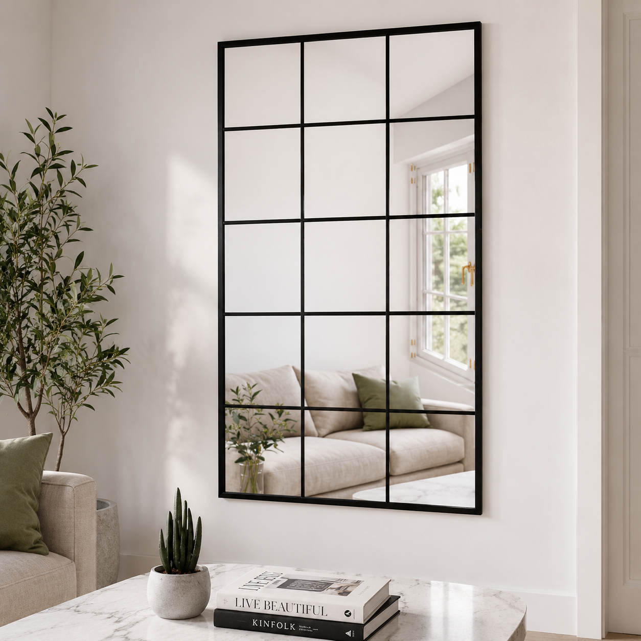 Wall mirror grid window black metal frame
