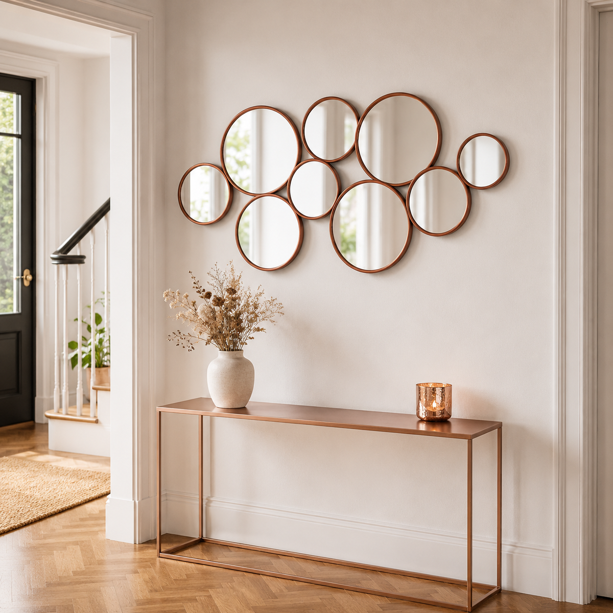 Wall mirror set 9 circles copper metal frame