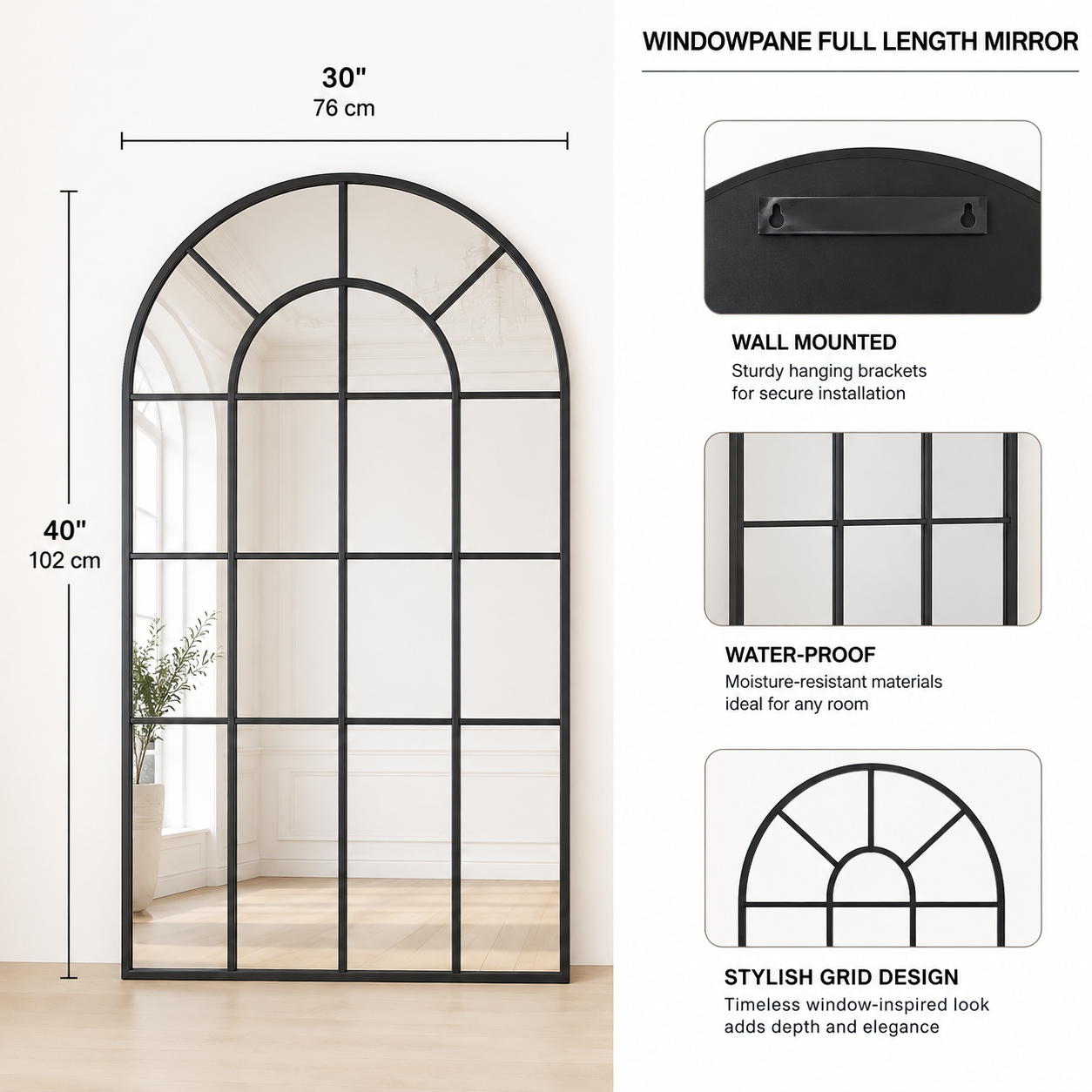 Arched windowpane grid black aluminium wall mirror