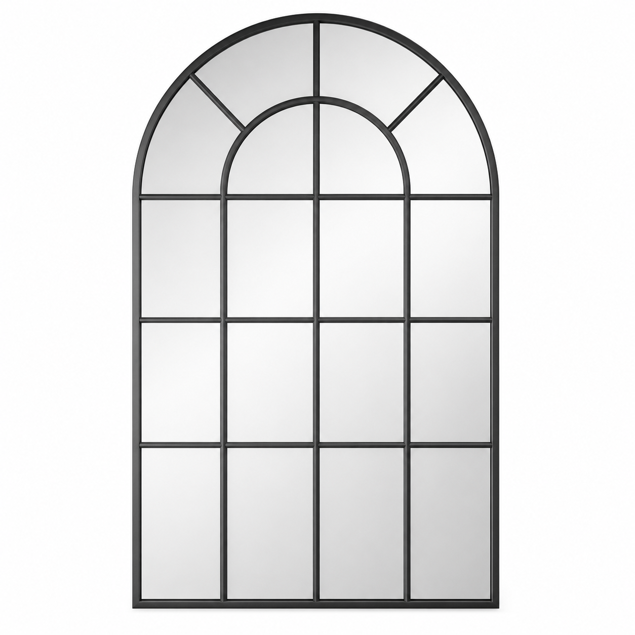 Arched windowpane grid black aluminium wall mirror