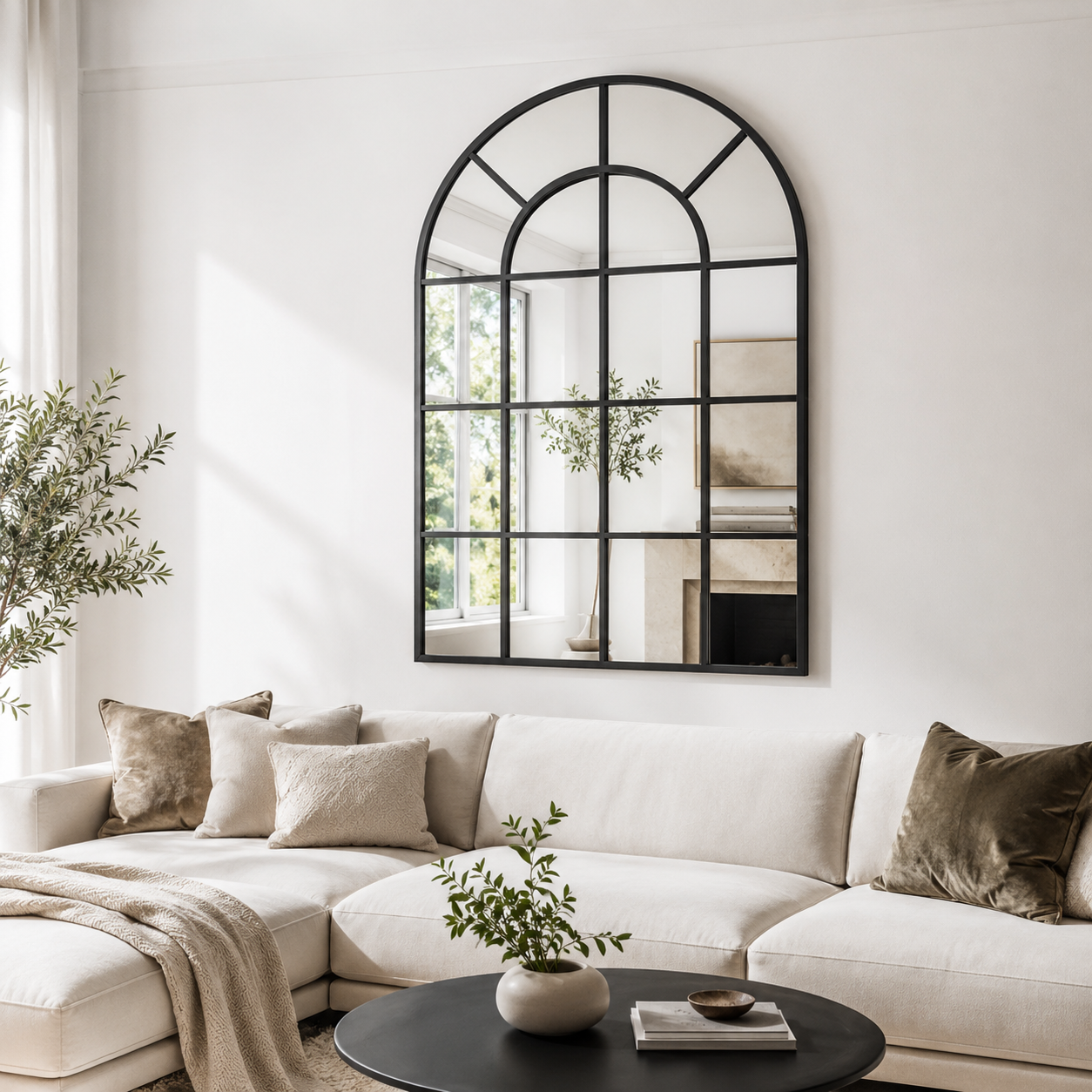 Arched windowpane grid black aluminium wall mirror