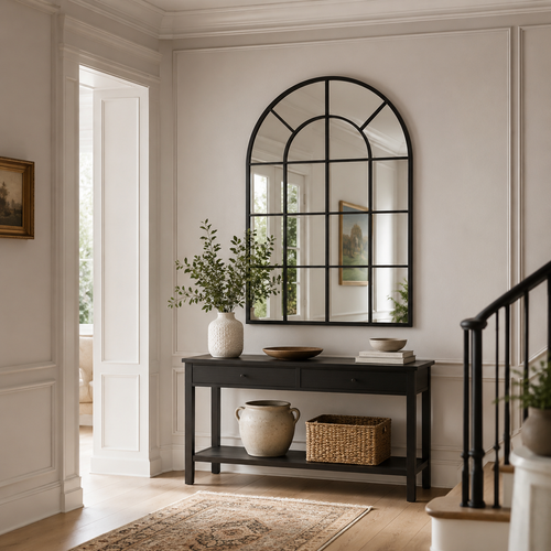 Arched windowpane grid black aluminium wall mirror