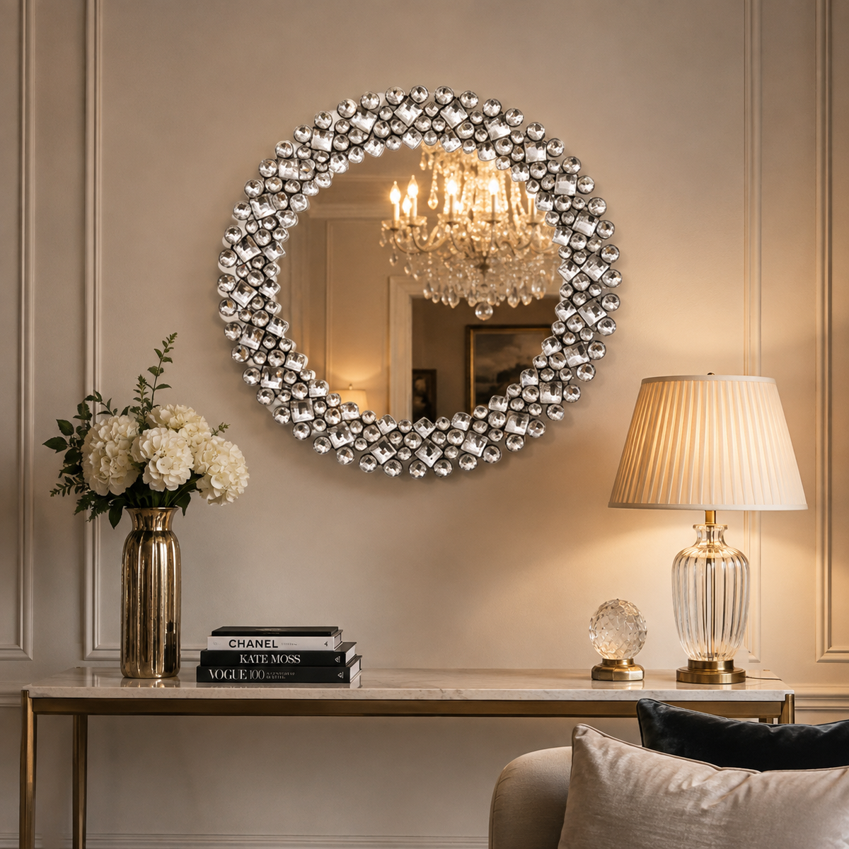 Round Crystal Embellished Ornate Wall Mirror