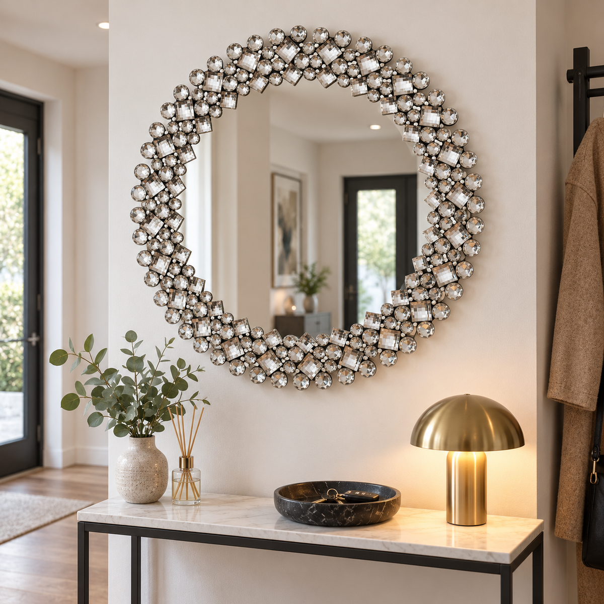 Round Crystal Embellished Ornate Wall Mirror