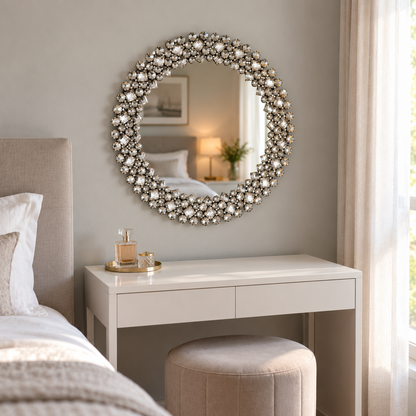 Round Crystal Embellished Ornate Wall Mirror