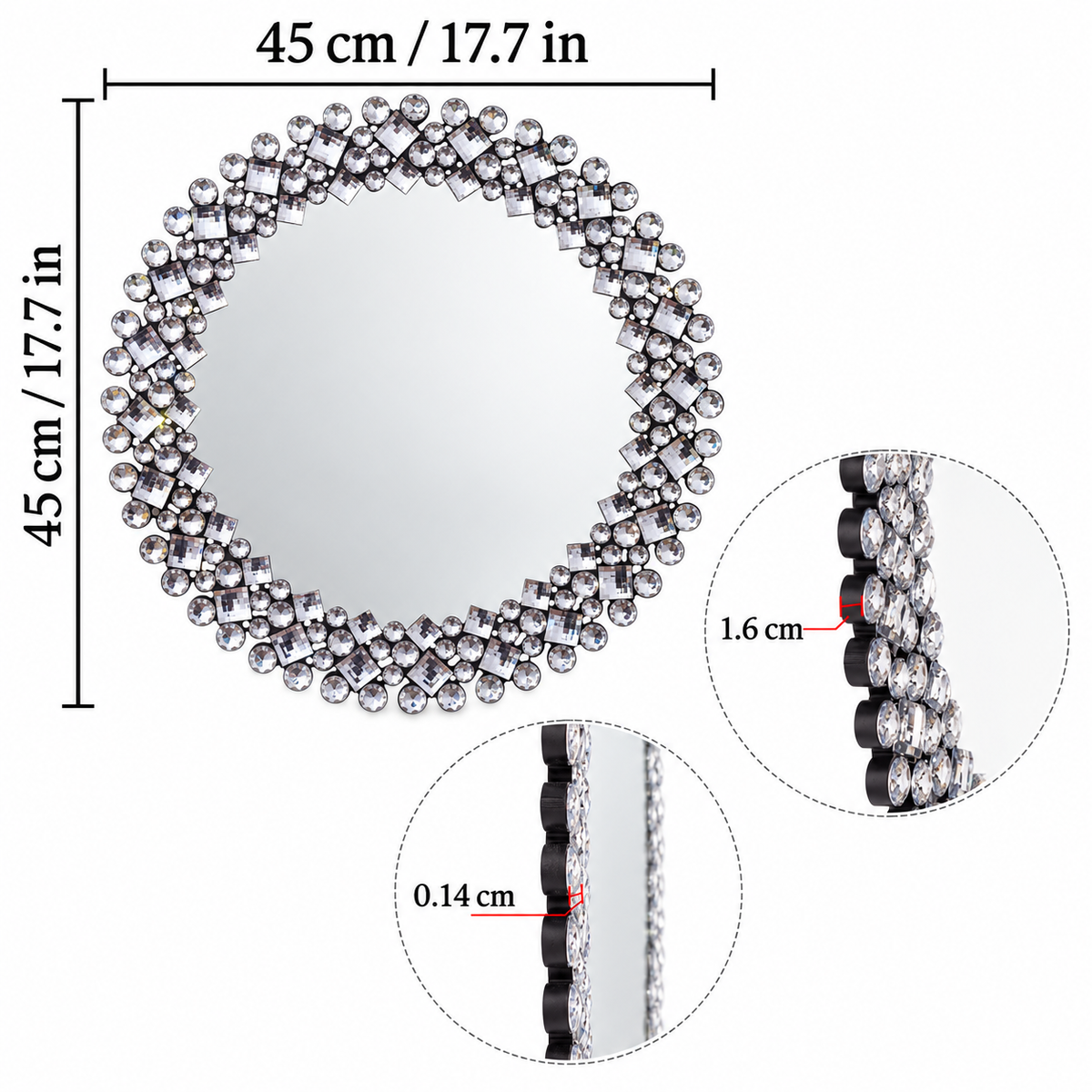 Round Crystal Embellished Ornate Wall Mirror