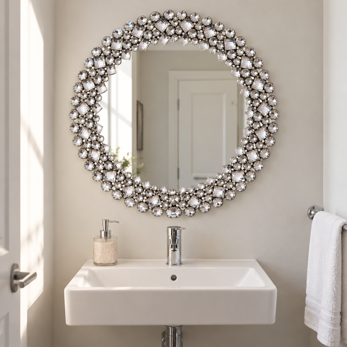 Round Crystal Embellished Ornate Wall Mirror