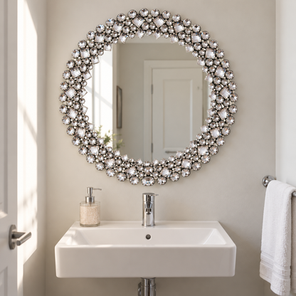Round Crystal Embellished Ornate Wall Mirror