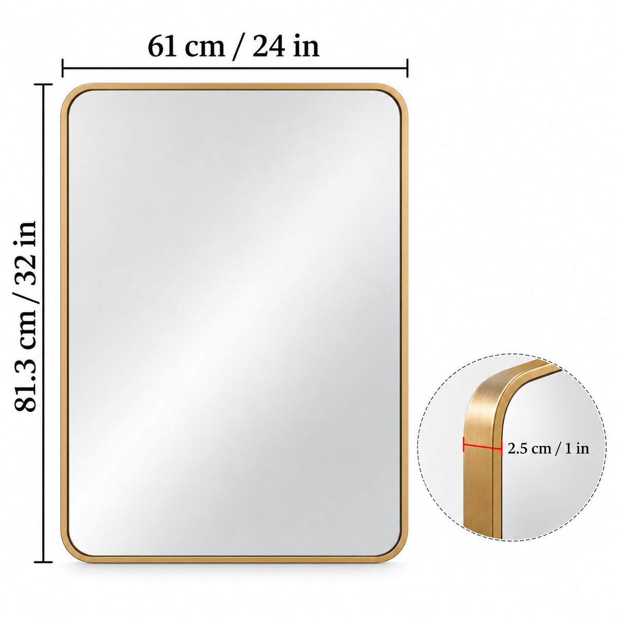 Wall mirror rectangular rounded corners gold metal frame