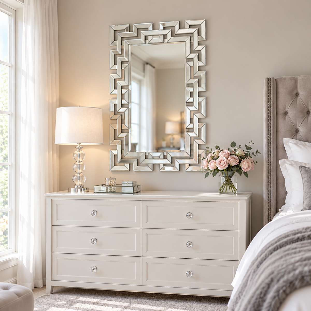 Wall mirror rectangular venetian geometric glass frame silver