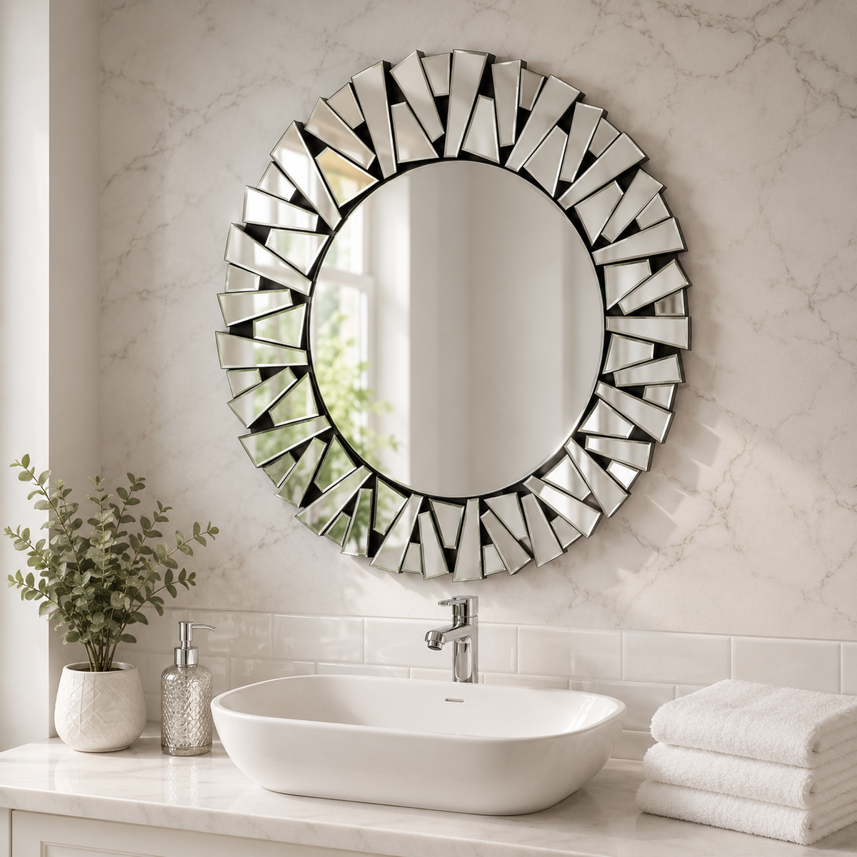 Wall mirror round sunburst ornate silver glass