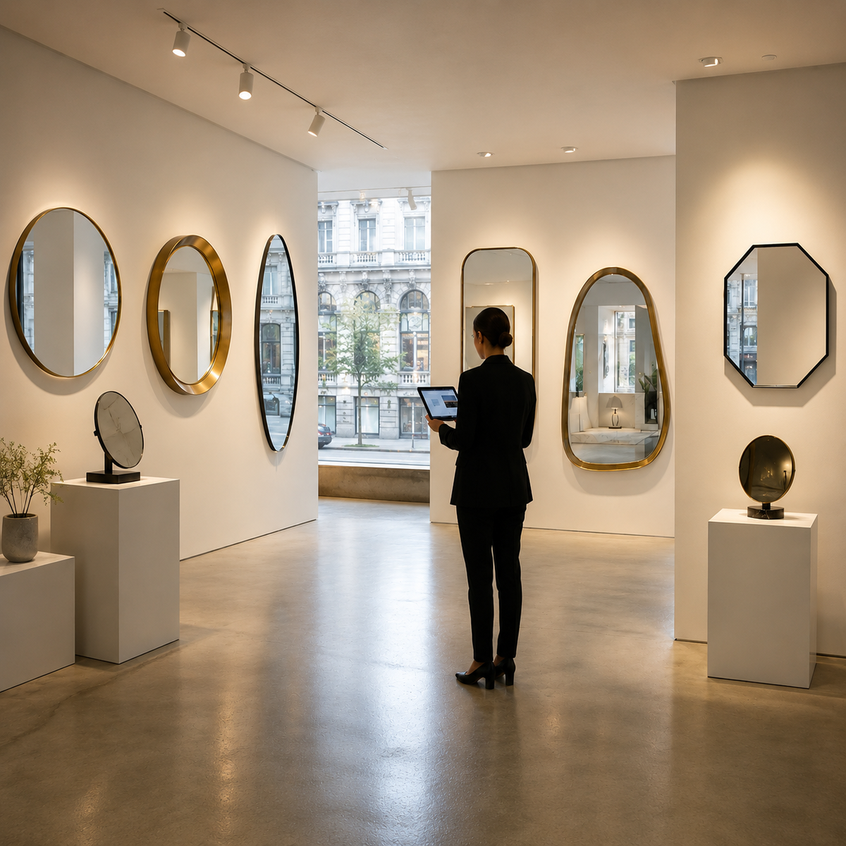 A woman looking at a tablet in a bright modern showroom displaying a curated collection of Allonya wall mirrors with gold and black frames in round, oval, asymmetrical, and octagonal shapes.