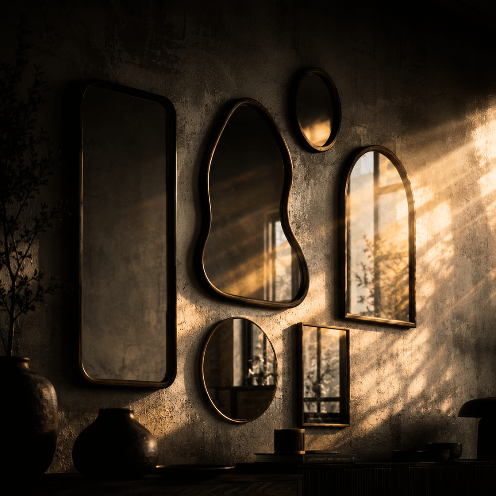 Allonya homepage banner showcasing a collection of modern wall mirrors with dark frames in a sunlit room.