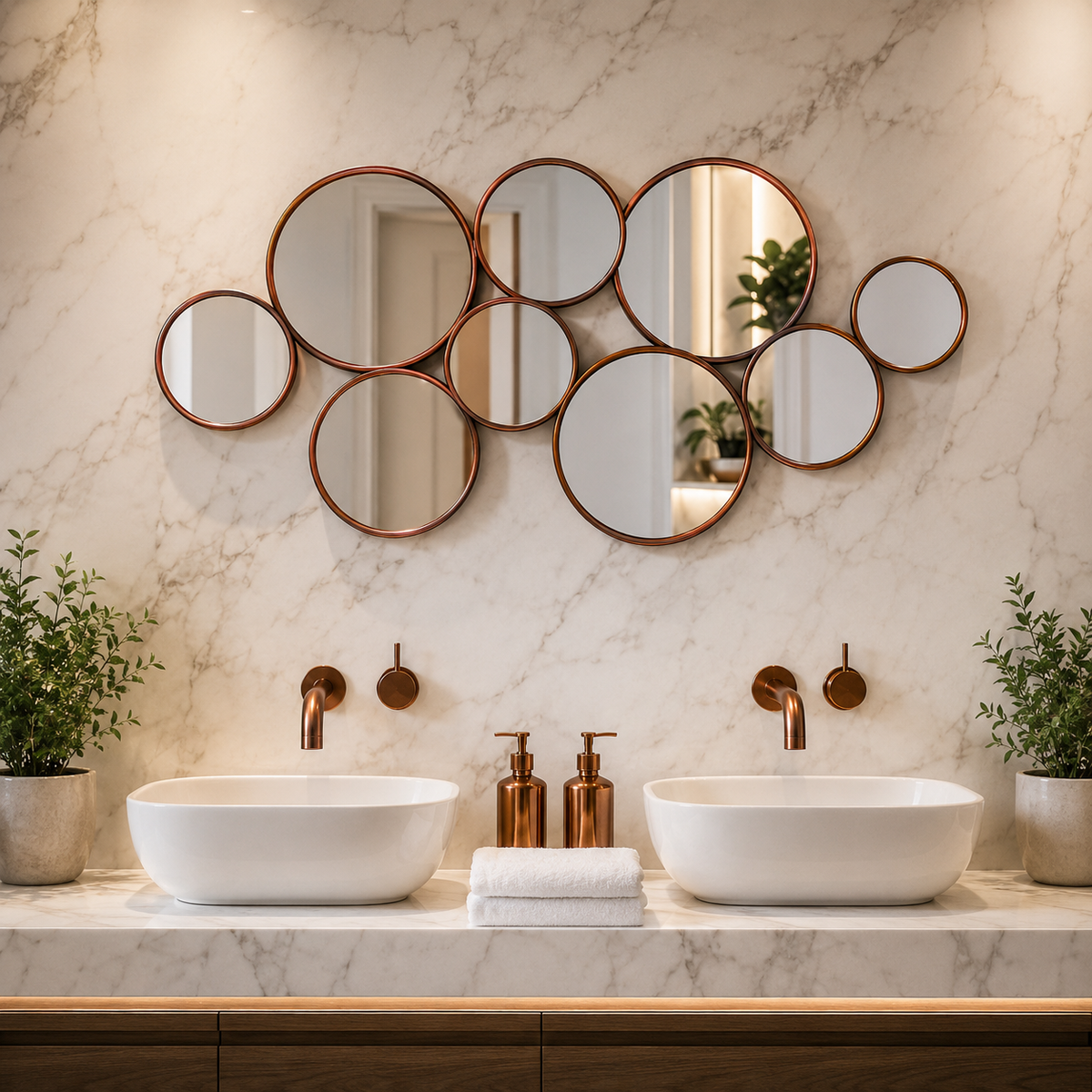 Wall mirror set 9 circles copper metal frame