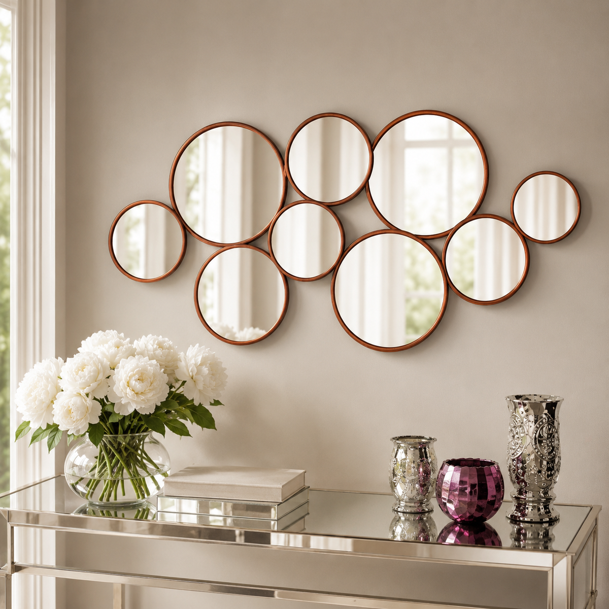 Wall mirror set 9 circles copper metal frame