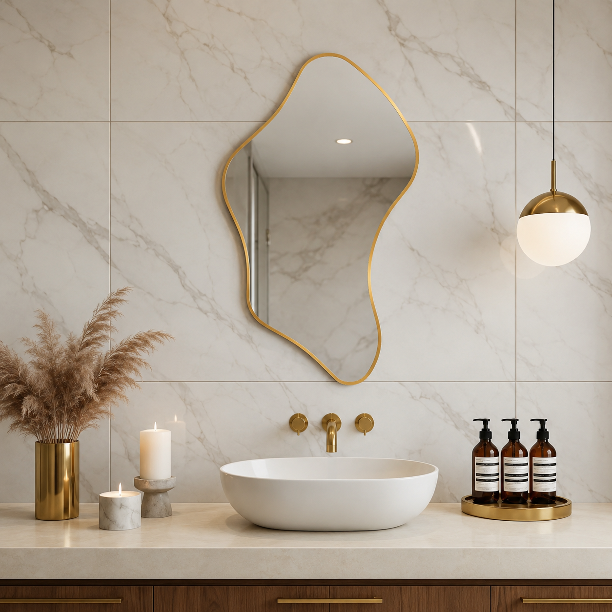 Wall mirror asymmetric irregular organic gold aluminium frame