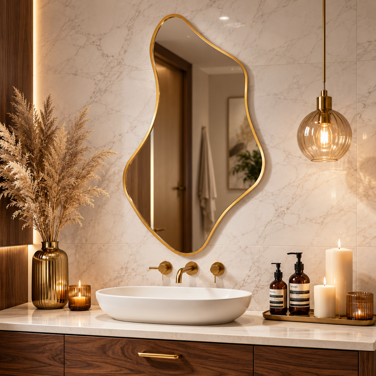 Wall mirror asymmetric irregular organic gold aluminium frame