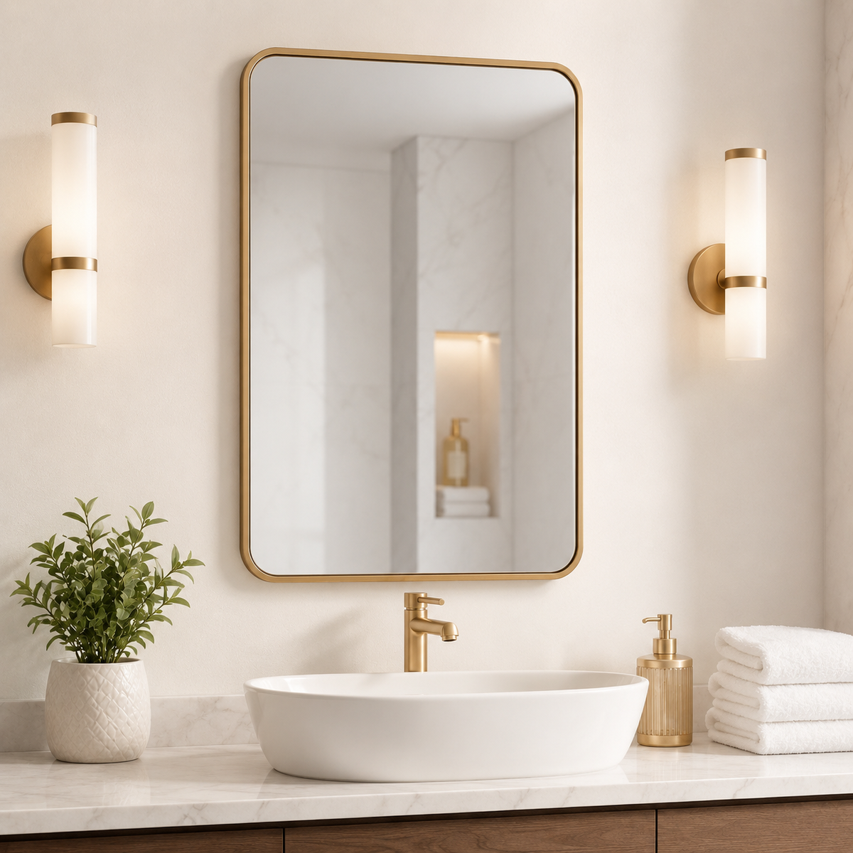 Wall mirror rectangular rounded corners gold metal frame