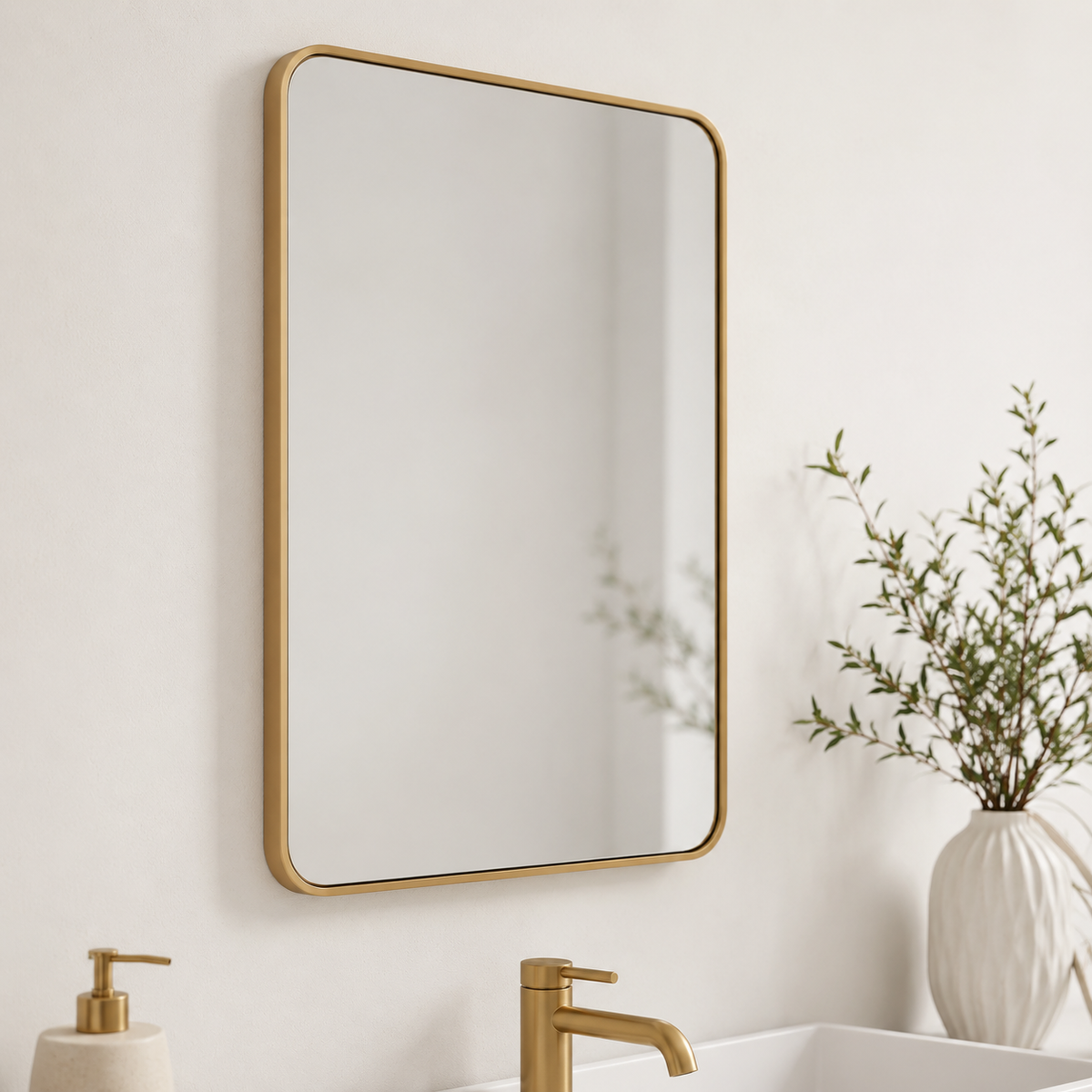 Wall mirror rectangular rounded corners gold metal frame