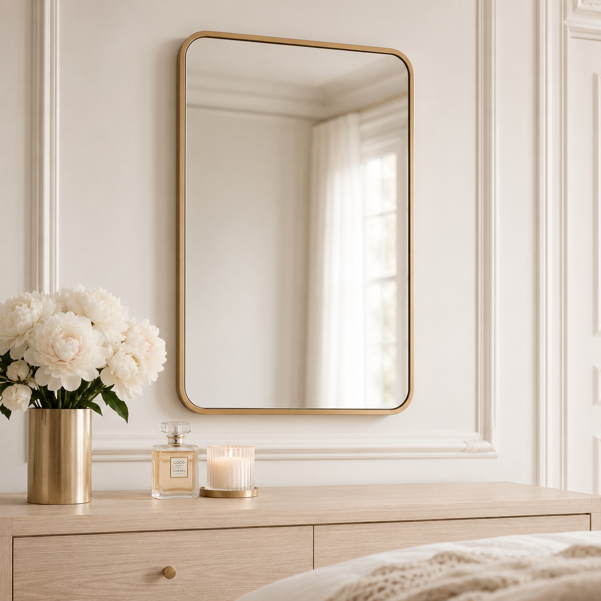 Wall mirror rectangular rounded corners gold metal frame
