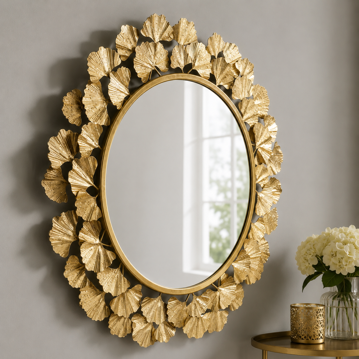 Wall mirror round ginkgo leaf ornate gold metal frame