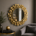 Wall mirror round ginkgo leaf ornate gold metal frame