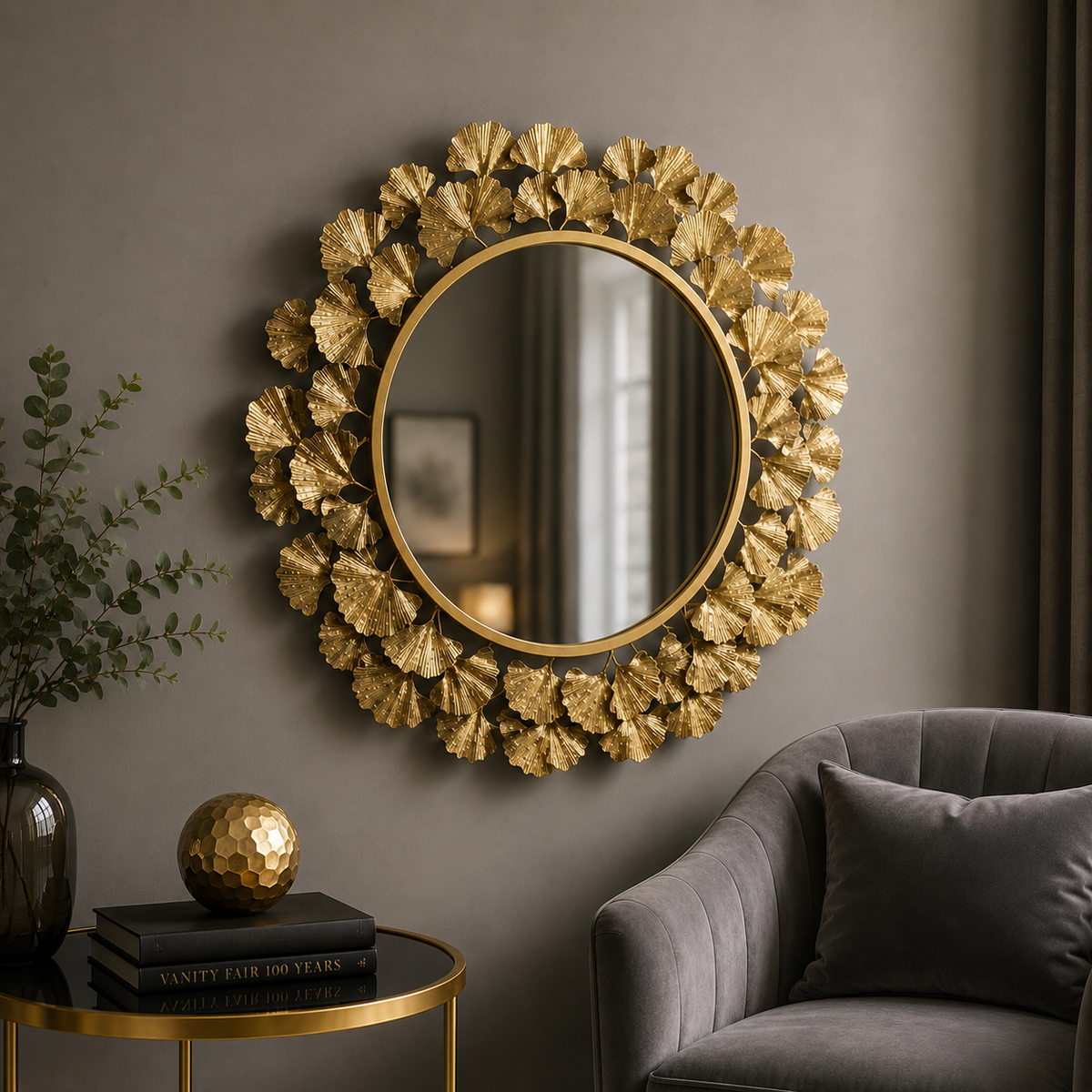 Wall mirror round ginkgo leaf ornate gold metal frame