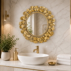 Wall mirror round ginkgo leaf ornate gold metal frame