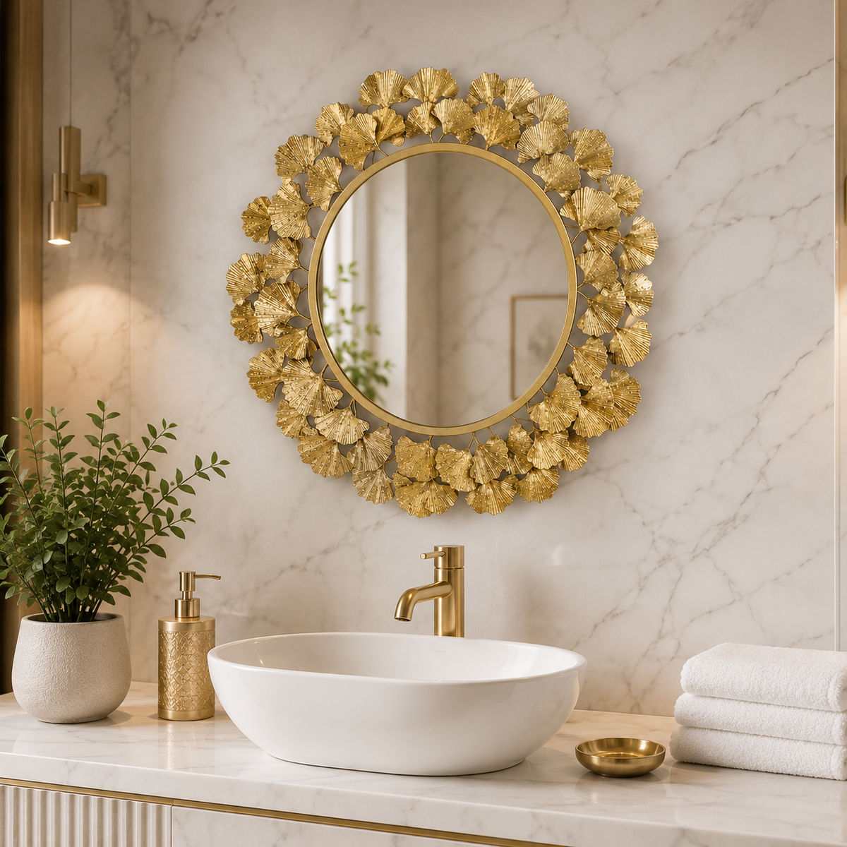 Wall mirror round ginkgo leaf ornate gold metal frame
