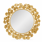 Wall mirror round ginkgo leaf ornate gold metal frame
