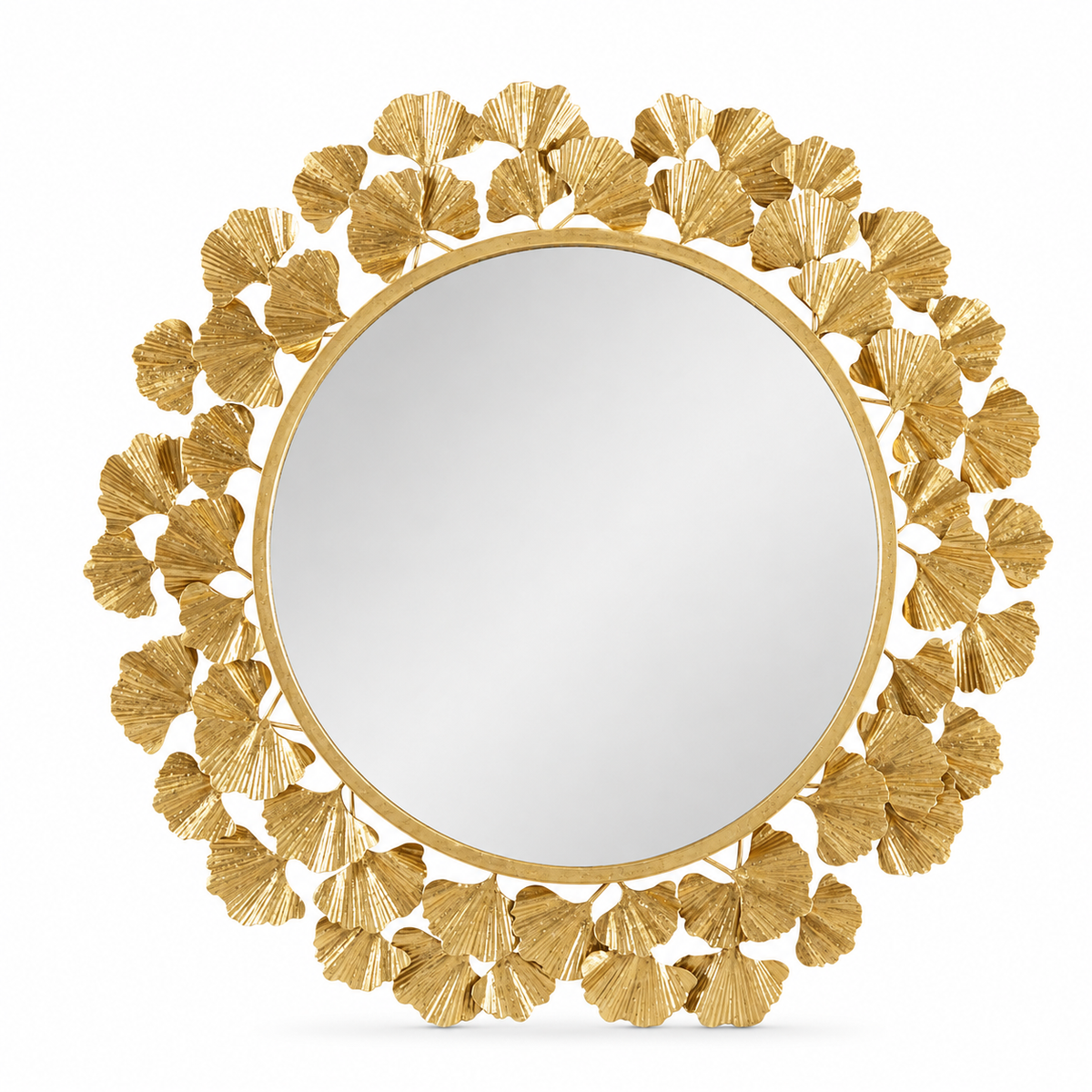Wall mirror round ginkgo leaf ornate gold metal frame
