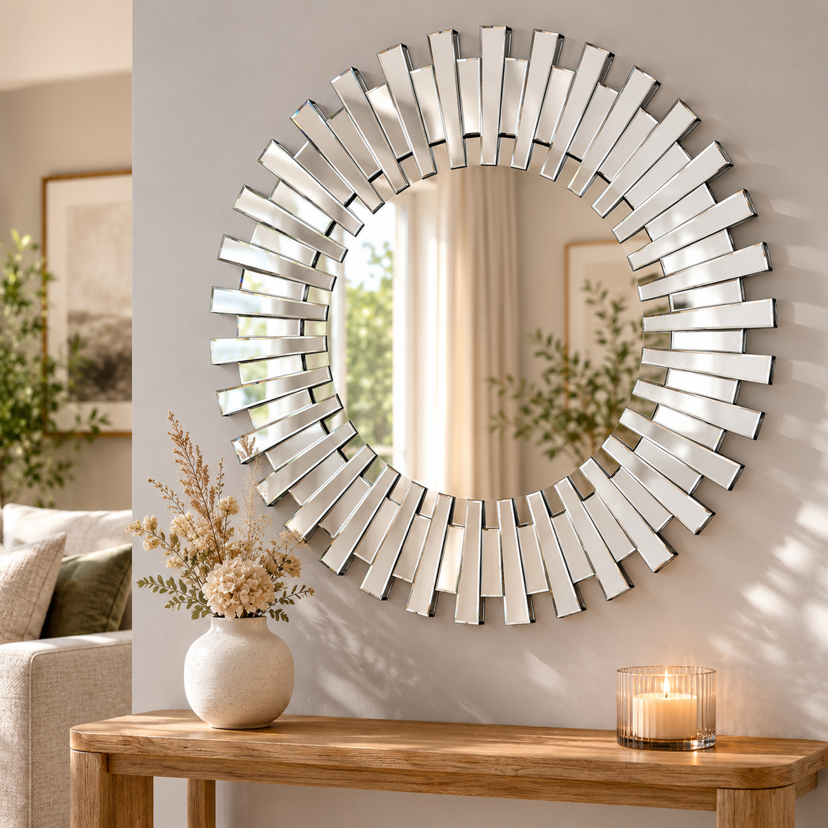 Wall mirror round starburst 3D glass frame silver