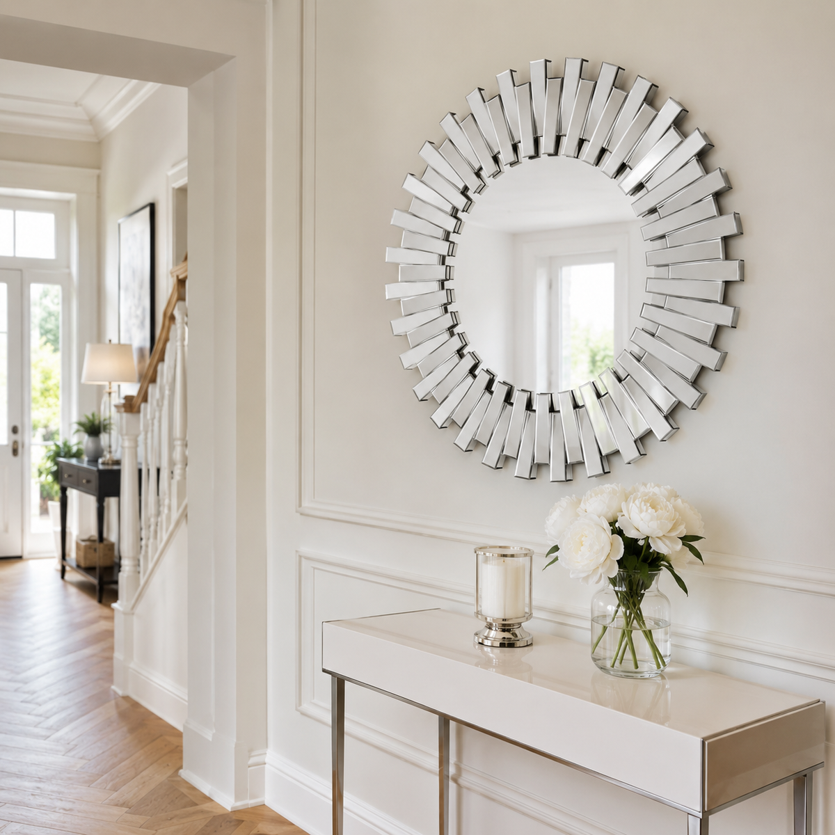 Wall mirror round starburst 3D glass frame silver