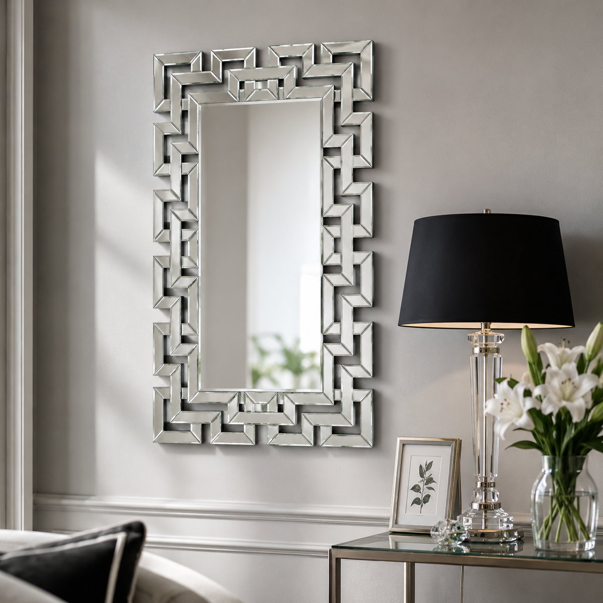 Wall mirror rectangular venetian geometric glass frame silver