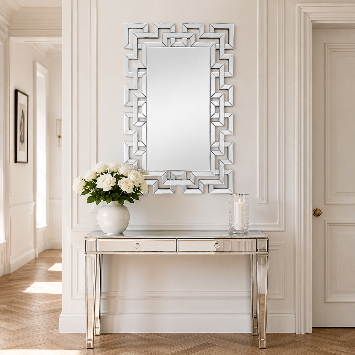 Wall mirror rectangular venetian geometric glass frame silver
